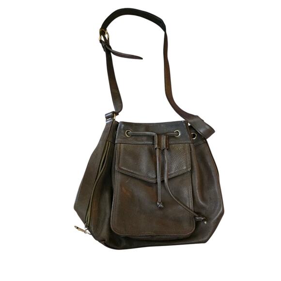 VTG Fossil Drawstring Bucket Shoulder Bag Brown Pebbled Genuine Leather Pockets - Picture 8 of 10